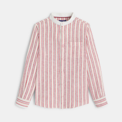 قميص مخطط من القطن والكتان، باللون الأحمر، للفتيان